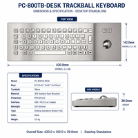 PC-800TB-DESK IP54 Keyboard Trackball Desktop Baja Tahan Karat Industri Tahan Air 65 Tombol USB PS/2 untuk Mesin CNC Kios