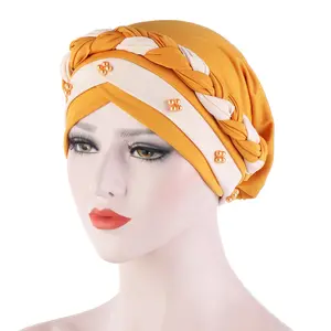 Muslim European and American hair hide women turban solid color hat India in stock ladies braid contrast color cap