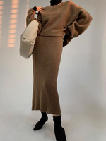 Ensemble 2 pièces pull femme hiver 2026 ODM – Haut tricoté manches chauve-souris effet cachemire + Robe longue moulante – Tricot élégant pour femme