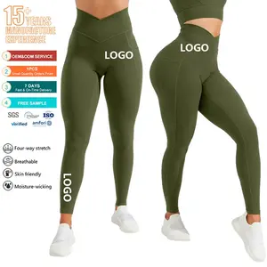 Muestra gratis de encargo de alta cintura en forma de V Legging entrenamiento deportes gimnasio levantamiento de glúteos sin costuras Yoga mujer Leggings con bolsillo de fábrica