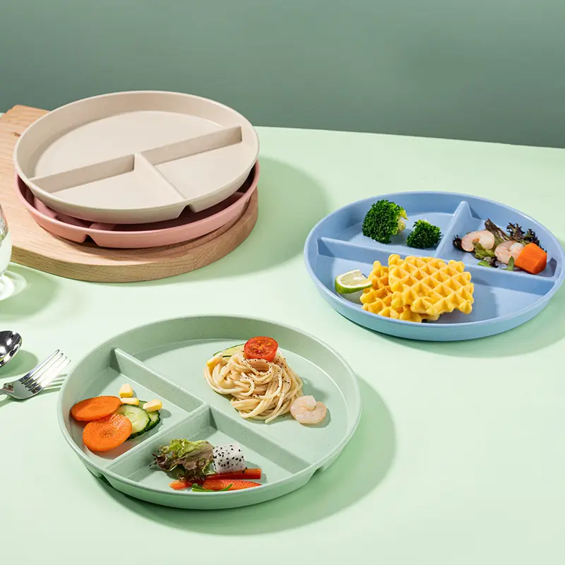 Assiette à manger circulaire en paille de blé pour enfants, trois plats quantitatifs, vaisselle écologique