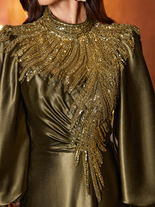 Nouvelle <span class=keywords><strong>robe</strong></span> de <span class=keywords><strong>soirée</strong></span> élégante pour femmes, col montant, manches lanternes, patchwork de paillettes extravagantes, satin, fente haute, perles - Product Image 4