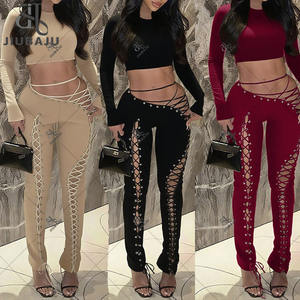 Conjunto Sexy de Dos Piezas para Mujer con Cordón Cruzado y Top Corto de Manga Larga con Pantalones Ajustados con Vendas - Product Image 2