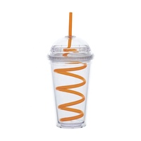 Gobelet en plastique PS à double paroi de 16 oz, avec logo personnalisé, transparent, avec couvercle en forme de dôme et paille torsadée