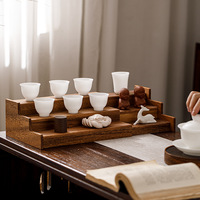 Support de bureau extensible en bois massif noyer avec porte-gobelets et organiseur de service à café et thé, étagère trapézoïdale sur pied, style moderne et minimaliste