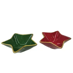New Gold Rim Christmas Snack Bowls Green and Red Decorative Ceramic Xmas Star Bowls Custom Ceramic Home Tableware