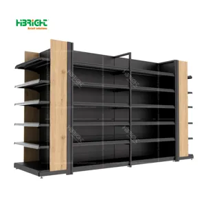 Steel Frame Wooden Back Panel Supermarket Shelf With Promotion End Frame