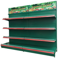 Zware-duty commerciële groene supermarkt fruit- en groentepresentatie schappen met meerdere lagen voor de detailhandel afdeling producten.