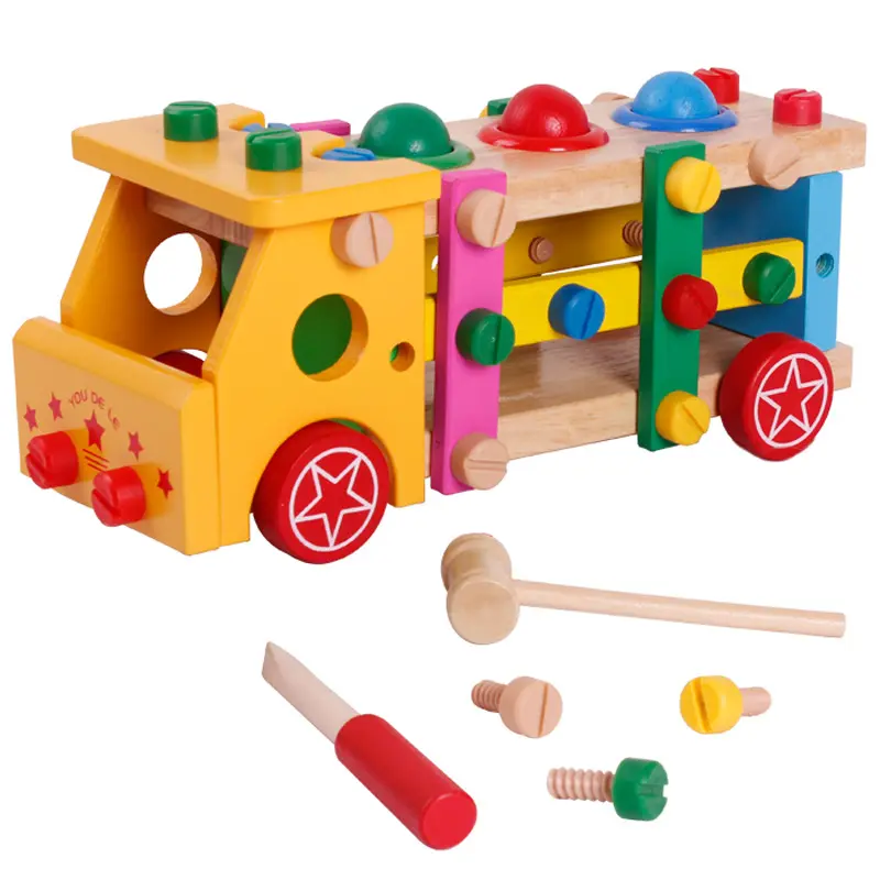 子供の木製早期教育解体ナットツール車のおもちゃ少年パズルノックボール逆アセンブル車木製玩具パズルボックス