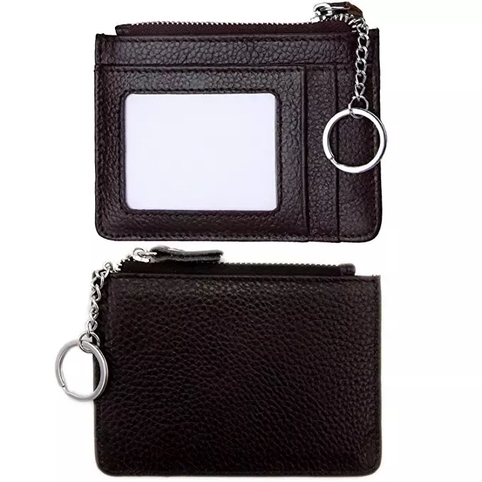 Custom Leather Zip Credit Card Holder Wallet with ID Window Keychain RFID Blocking