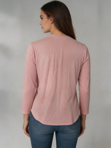 Blusa de Popelina de Algodón Rosa para Mujer, Manga Tres Cuartos, Cuello en V, Abotonada, Color Sólido, Corte Regular, Informal - Product Image 3