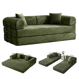 Canapé-lit convertible trois places avec structure fixe, accoudoirs amovibles, matelas pliant modulaire en velours côtelé pour petits espaces - Product Image 1
