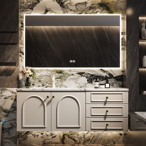 French-style Luxury Stone-Look Seamless Ceramic Integrated Basin Smart Multi-Function <b>Mirror</b> <b>Wall</b>-Mounted Bathroom Cabinet - Product Image 1