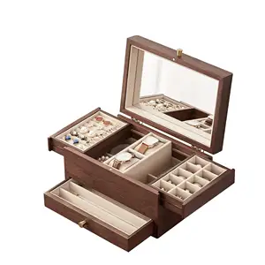 Wooden Jewelry Box Large Black Walnut 3 Layer Vintage Festive Gift Storage Organizer Box Necklaces Rings for Women