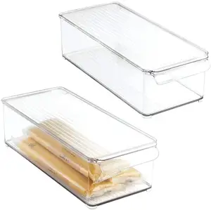 2 Pack Clear Plastic Fridge Freezer Pantry Cabinet Food Storage Container Bin Organizer with Lid and Handle for Kitchen Snacks