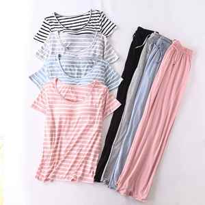 Wholesale Womens Full Length Pajamas Sets Stripes Padded Top Drawstring Elastic Long Pants Sleepwear <b>Twinset</b> - Product Image 2