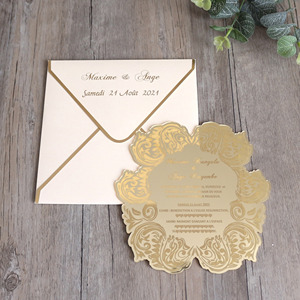 Nouvelles cartes <span class=keywords><strong>d</strong></span>'invitation en acrylique doré en forme de fleur avec motif floral gravé, carte de menu, carte <span class=keywords><strong>d</strong></span>'anniversaire avec enveloppe blanche - Product Image 5