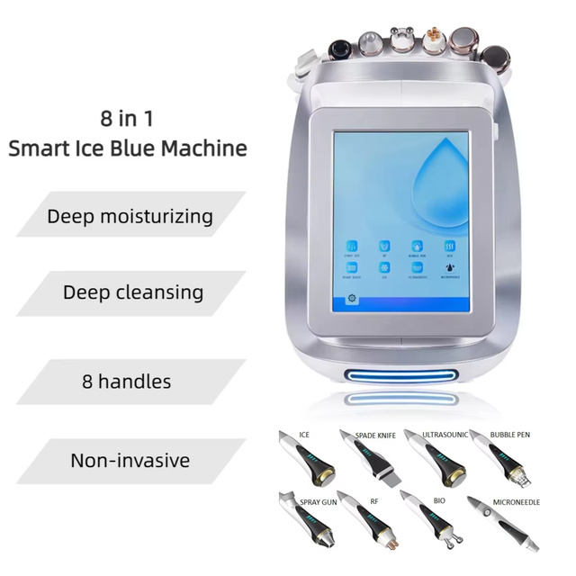 Portable 8 in 1 Smart Ice Blue Skin Care Hydro Water Oxygen Jet Peeing Hydro Microdermabrasion Small Bubble Beauty Machine