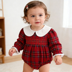 Nuova Tutina per Neonata Natale 2026, Abbigliamento <span class=keywords><strong>Bambina</strong></span> Primavera Autunno, Tutina Rossa a Quadri con Colletto e Maniche per Neonati - Product Image 1