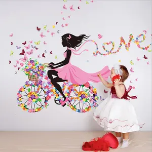 Mode beauté avec robe rose murale papillons colorés vélo papier peint décor à la maison pour les femmes salon sticker mural