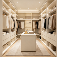 Dressing autoportant en U avec éclairage LED, étagères et tiroirs sans poignées, îlot central pour villa de luxe, dressing et salle à manger