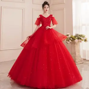 Gran oferta de vestidos de boda rojos elegantes de media manga con cuello redondo y encaje con cuentas para fotografía, Sexy vestido de baile, vestidos de boda, gran oferta del 2017