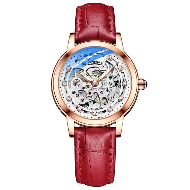 CHENXI Hot Sale Casual Lady Fashion Women Mechanical Watch Leather Strap Waterproof Automatic Skeleton Crystal Mechanical Watch