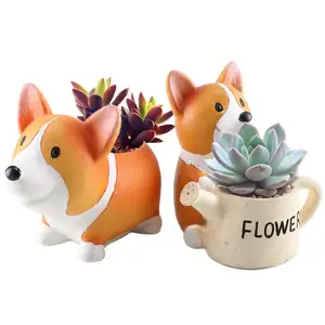 outdoor Garden Cactus Succulent Planter Box Corgi Resin tabletop Dog Flower Pot for indoor Table Ornament Decoration