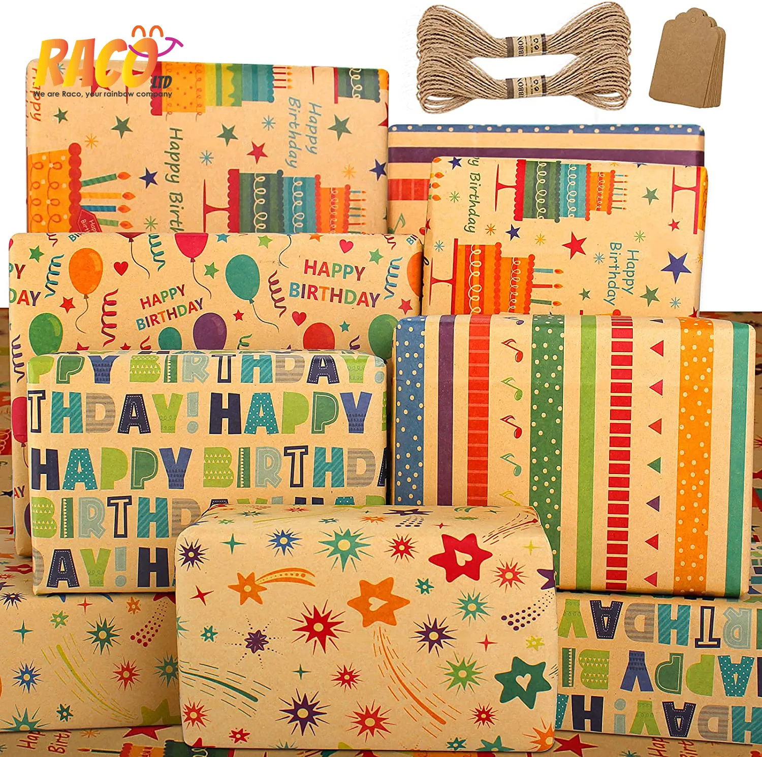 包装紙誕生日包装紙シート-ギフトタグとひも付きのリサイクル可能なギフト包装紙セット-誕生日ギフトラップ