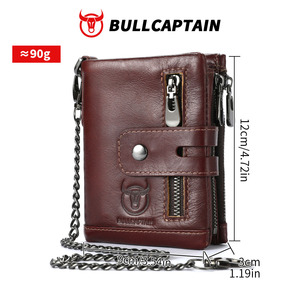BULLCAPTAIN Chain Wallet <b>Men</b> <b>Purse</b> Double Zipper Cowhide Coin <b>Purse</b> Card Holder Rfid Blocking Genuine Leather Wallet <b>Men</b> Bag - Product Image 4
