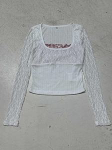 Blusa de Mujer con Encaje de Imitación, Transpirable, Tejida, con Estampado Digital, Corte Regular, Estilo Dulce, Manga Larga, Estética Y2K - Product Image 2