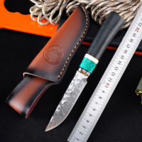 Couteau fixe en bois d'ébène et acier damas turquoise GT-F0118, couteau de camping, de chasse et de plein air avec étui en cuir