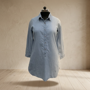Vestido Camisero de Mezclilla con Cuello Camisero, Manga Tres Cuartos, Corte Holgado, Largo Midi, Uso Diario Informal, Dobladillo Asimétrico - Product Image 3