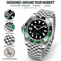 50 PCS Montre automatique personnalisée avec cadran inversé, couronne à gauche, NH34 GMT, 3ATM, luxe, acier inoxydable, saphir, mécanique, OEM
