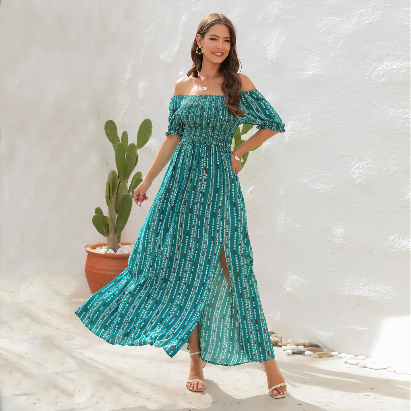 D&M 2023 new arrivals lady casual dress stylish printing Off shoulder sexy floral maxi dress summer woman clothing dresses