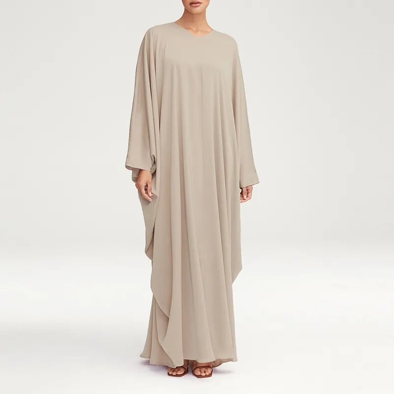Zarif özel düz bej kelebek kollu Kaftan yumuşak saten kumaş Abaya Dubai müslüman kadınlar için 2024 mütevazı giyim Abaya