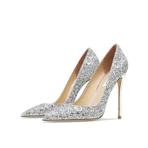 Wholesale Black Silver Glitter Pointed Toe Sexy and Elegant High-heeled Bridal Wedding Shoes Women Leather Shoes