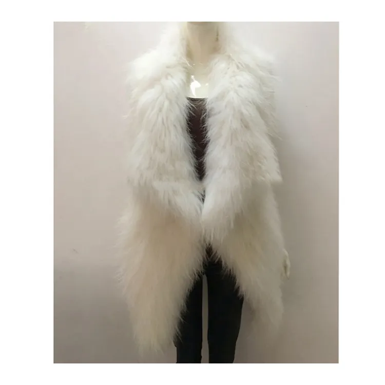 YR296A Top Quality White Raccoon Hand Knit Casual Style Big Turn Down Collar Women Long Vest