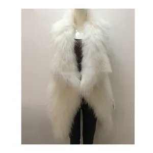 YR296A di Alta Qualità Procione Bianco A Mano Knit di Stile Casuale Grande Svolta Verso Il Basso Del Collare Delle Donne Long Vest