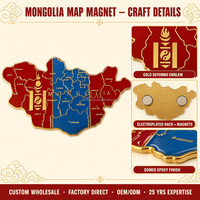 Aimant de réfrigérateur en métal émaillé plaqué or, carte du drapeau de la Mongolie, souvenir touristique personnalisé, Ulaanbaatar, cadeau en gros, usine SEDEX