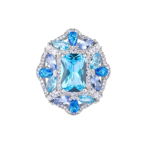 Fashion <b>Jewelry</b> Eco-friendly Copper 8*12mm Blue Square Cubic Zirconia Full Diamond Geometric <b>Bridal</b> Wedding Ring <b>Set</b> - Product Image 2