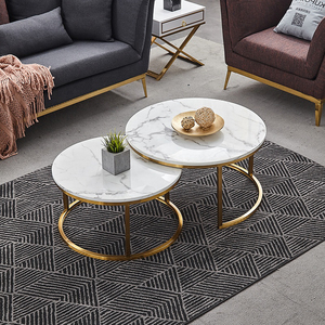 طاولة قهوة فاخرة على الطراز الاسكندنافي غرفة معيشة عصرية بسيطة من الحجر الأبيض والمعدن متداخلة بالذهب للمطبخ والمنزل - Product Image 3