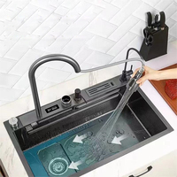 Support de couteau à affichage numérique bol simple 304 en acier inoxydable deux bandes coulissantes cascade volante évier de cuisine avec lave-gobelet