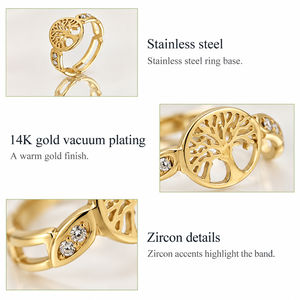 Bague en acier inoxydable plaqué or 14 carats sous vide avec motif arbre et zircon - Product Image 3
