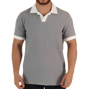 Polo à manches courtes rayé pour homme avec bordure contrastée Coupe classique Vêtement décontracté Tissu tissé Col gris blanc - Product Image 1
