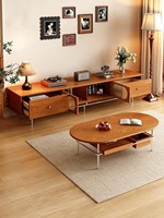 Ensemble table basse et meuble TV en bois massif, console multimédia de style mid-century avec tiroir de rangement, structure en acier inoxydable, meubles de salon