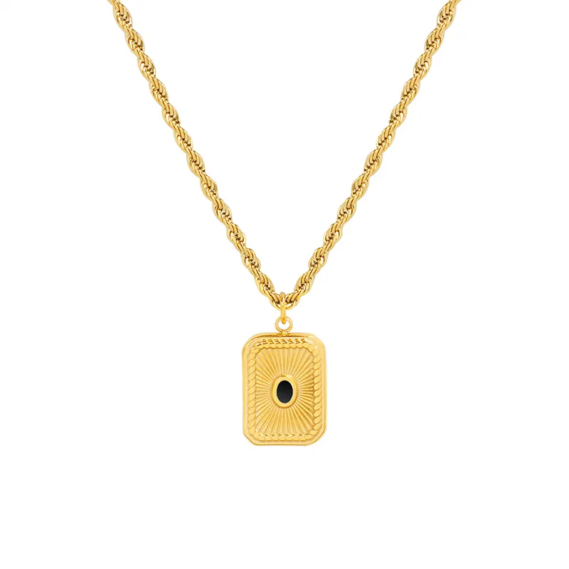 Fashion Titanium Steel Plated 18K Gold Jewelry Inlaid Black Acrylic Radiation Pattern Square Brand Pendant Necklace