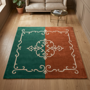 Tapis rectangulaire classique avec motif médaillon vert et orange, tissé à la main, avec envers en latex, pour salon - Product Image 1