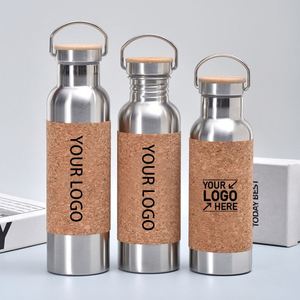 Vaso Térmico de Metal con Logotipo Personalizado, Aislamiento al Vacío de Doble Pared, Antideslizante, Botella de Agua para Yoga con Funda de Corcho Delgada Desmontable - Product Image 1