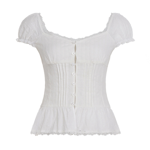 Sweet Girly Style Lace Trim Breathable Summer Button <b>Down</b> Blouse for Women Slim Fit Waist Belted Plain Top Casual Wear - Product Image 6